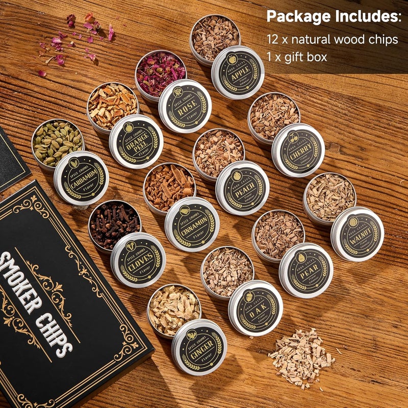 ComboJoy 12 Flavor Cocktail Smoker Wood Chips Gift Set for Men - Cinnamon, Cloves, Orange Peel, Cardamom, Rose, Ginger, Pear, Peach, Cherry, Apple, Oak, Walnut for Whiskey/Bourbon/Drinks Smoke Gun - Image 2
